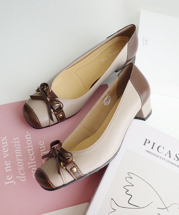 Pointer 日本製 本革リボン付きパンプス オークグレー×ブラウン