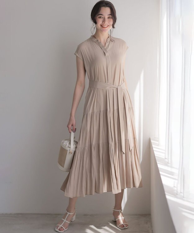 組曲 L 【WEB限定】ギャザーライトデシン ティアードワンピース ベージュ系