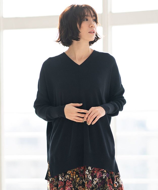 自由区 【WEB限定カラー有/洗える】コットンアセテート チュニック丈ニット ネイビー系