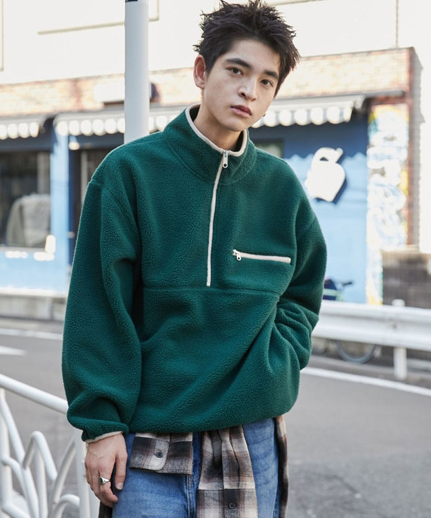 WEGO 【ユニセックス着用】フリース　ハーフZIPプルオーバー ダークグリーン