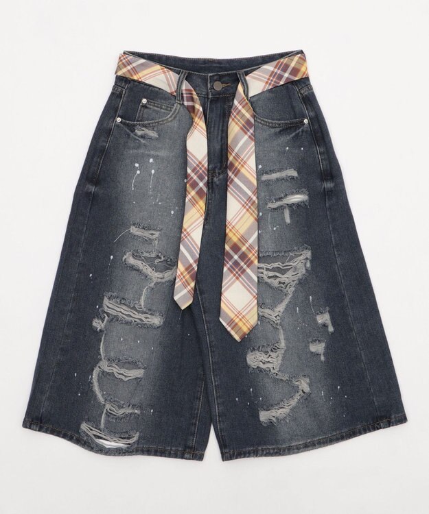 WEGO タイ付きダメージハーフデニムパンツ デニム