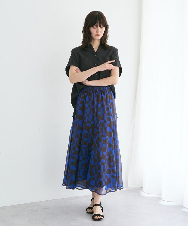 YECCA VECCA アート柄シアーロングスカート Brown