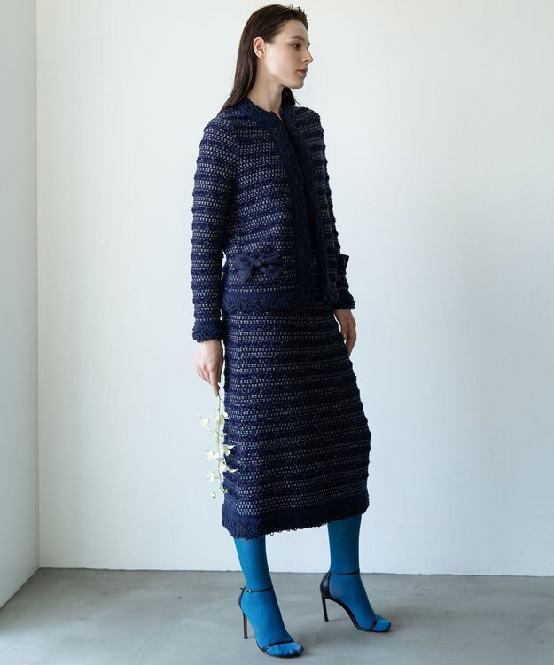 自由区 【カトリエムブーケ】Tweed melange フリンジジャケット ネイビー系