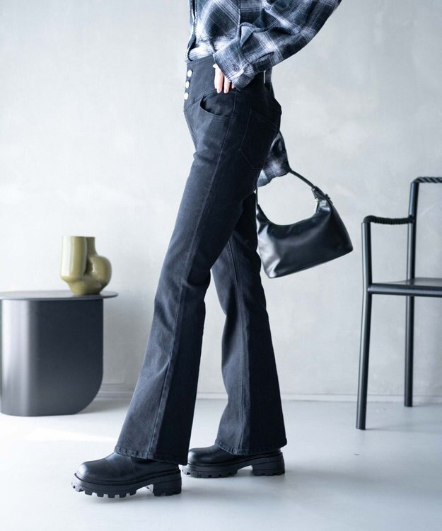 WEGO ハイウエストストレッチデニムフレアパンツ ブラック