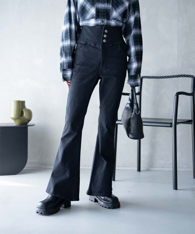 WEGO ハイウエストストレッチデニムフレアパンツ ブラック