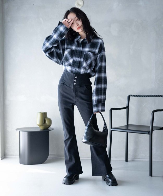 WEGO ハイウエストストレッチデニムフレアパンツ ブラック