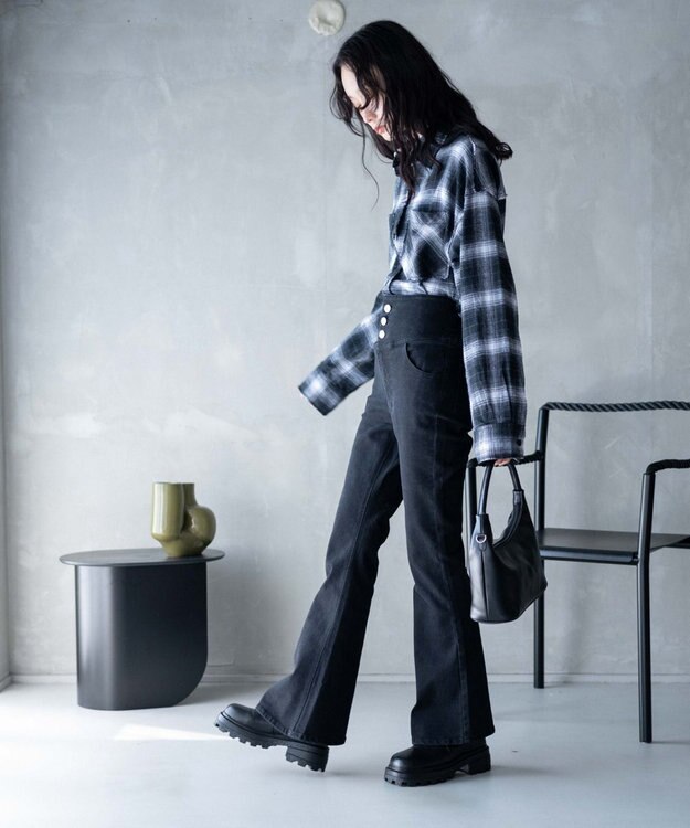 WEGO ハイウエストストレッチデニムフレアパンツ ブラック