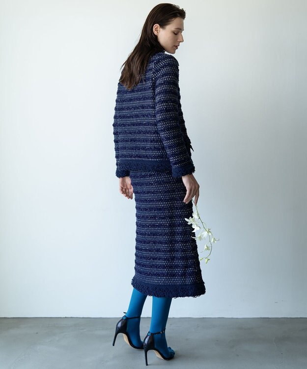 自由区 【カトリエムブーケ】Tweed melange フリンジジャケット ネイビー系