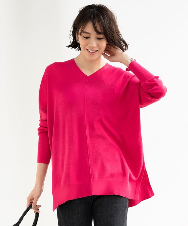 自由区 【WEB限定カラー有/洗える】コットンアセテート チュニック丈ニット オールドローズ系