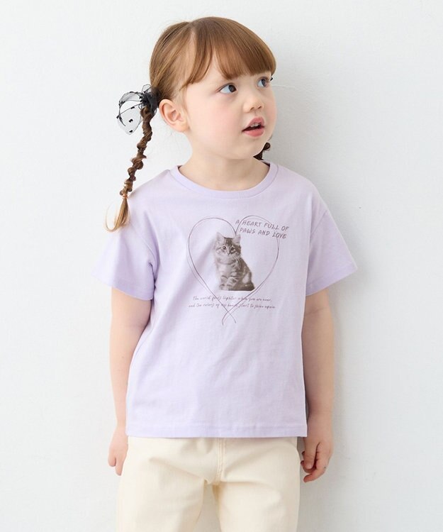 ANY KIDS 【一部店舗/WEB限定】【綿100%】プリント 半袖Tシャツ ラベンダー×ネコ