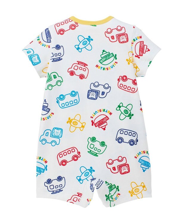 MIKI HOUSE HOT BISCUITS 【70-80cm】ビーンズ×乗り物 総柄ショートオール 白