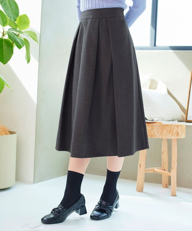 Tiaclasse 【新色追加・洗える】ウール調タックフレアスカート チャコールグレー