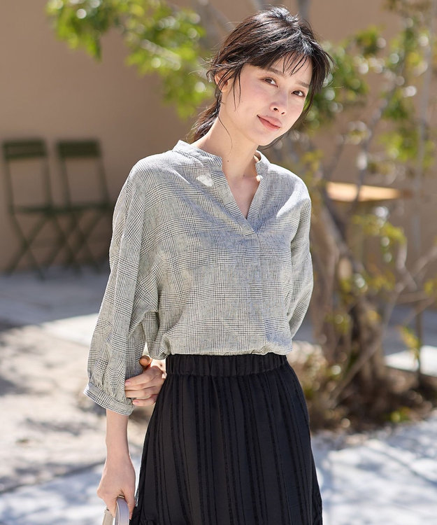 ANY L 【手洗い可能】ヨーロピアンリネンスキッパーネックブラウス チェック