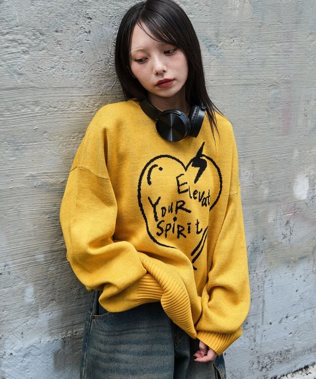 WEGO 【ユニセックス着用ITEM/SMLサイズ展開】ジャガードグラフィックプルオーバー イエロー