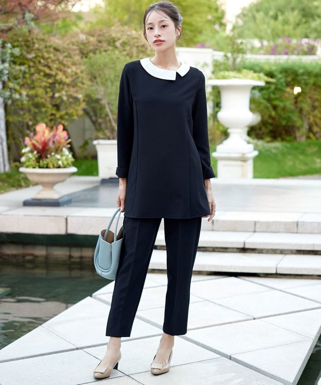 Tiaclasse 【ストレッチジョーゼット】スリットテーパードパンツ ネイビー