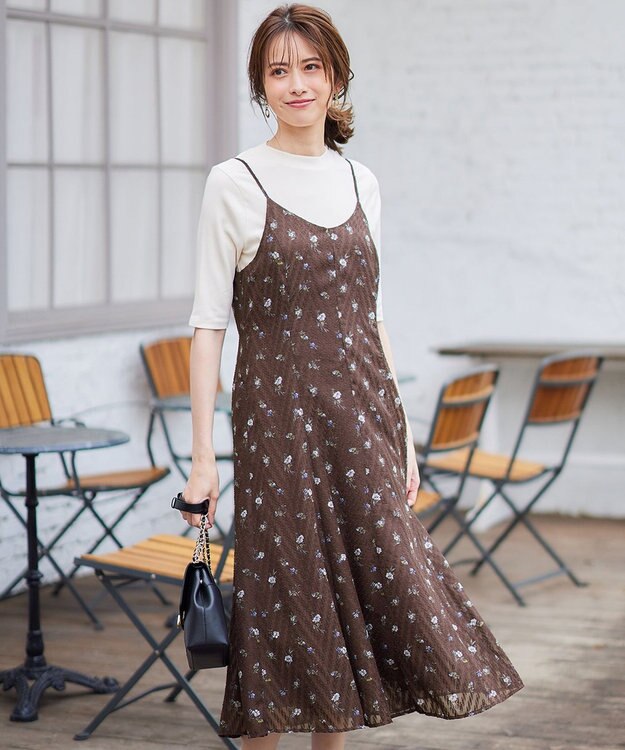 ANY SIS 【2SET】フラワーキャミ ワンピース × リブインナー ブラウン系×アイボリー