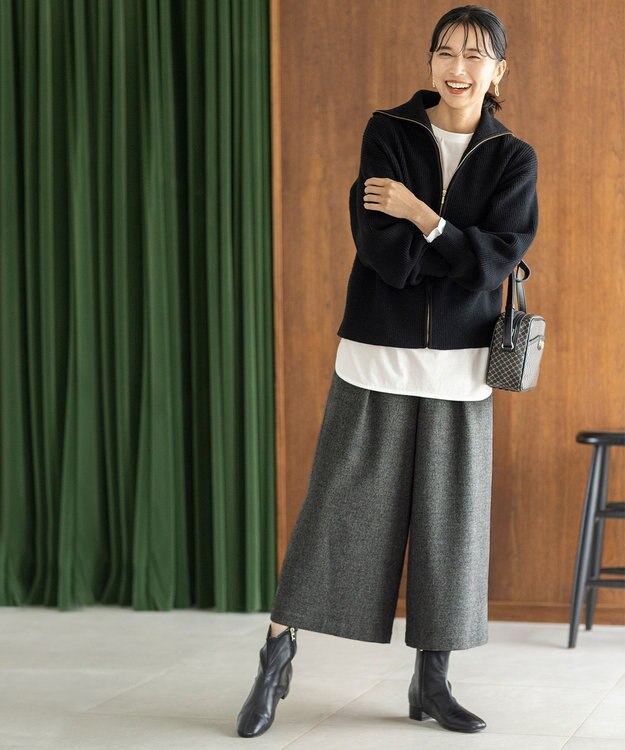 ANY L 【洗濯機可】ジップアップニットブルゾン ブラック