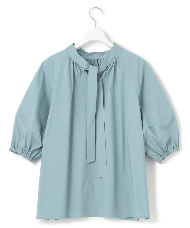 23区 【一部店舗限定/洗える】ハイカウントウェザーストレッチ ボウタイ付き ランタンスリーブ ブラウス ターコイズブルー系