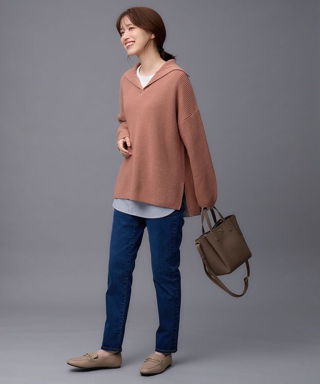 ANY ウールブレンドスキッパーネックニット コーラル