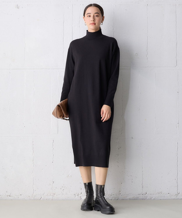 UNFILO 【洗える】ハイネックＩラインニットワンピース ブラック