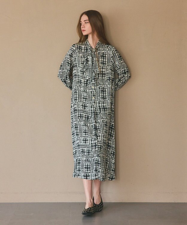 GRACE CONTINENTAL チェックプリントボウ付ワンピース キナリ