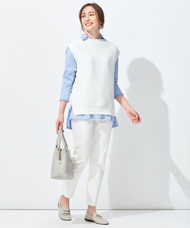 自由区 【洗える】エンブロイダリー スキッパーチュニック ダルブルー系