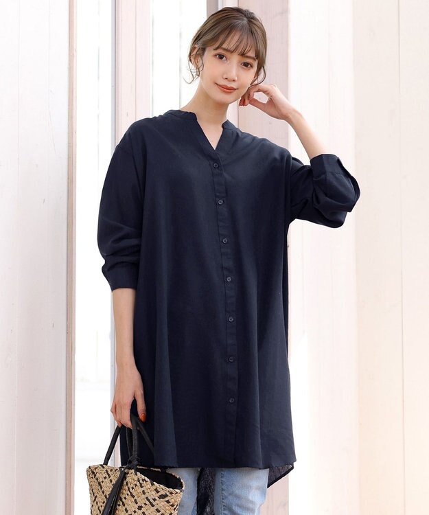 Tiaclasse 【洗える】リネンミックススキッパーシャツワンピース ネイビー