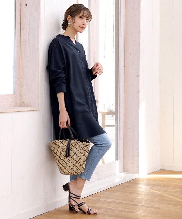 Tiaclasse 【洗える】リネンミックススキッパーシャツワンピース ネイビー