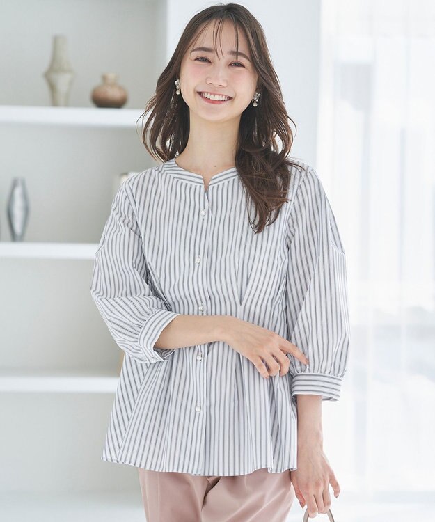 ANY SIS 【洗える】タックペプラムシャツ ブラウス オフストライプ