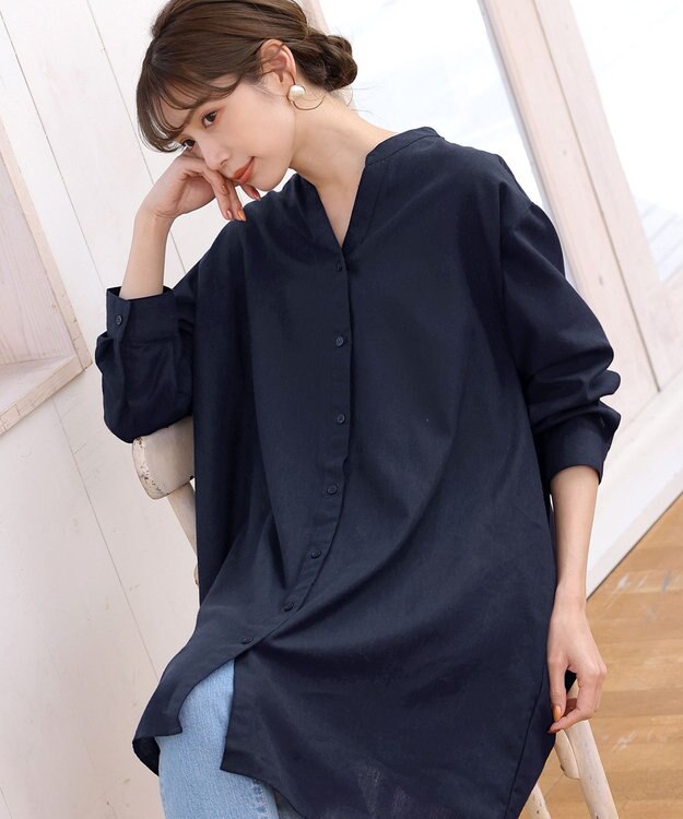 Tiaclasse 【洗える】リネンミックススキッパーシャツワンピース ネイビー