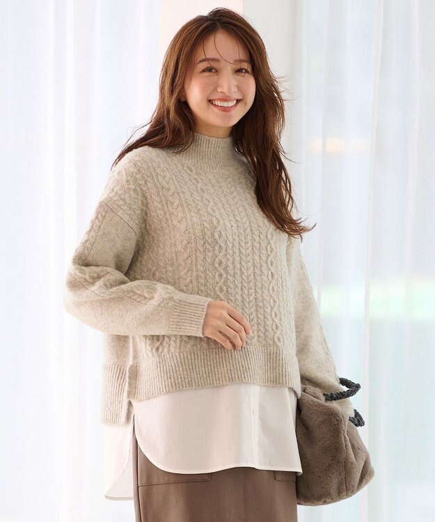 ANY 【洗濯機可能】シャツコンビケーブルニット ベージュ