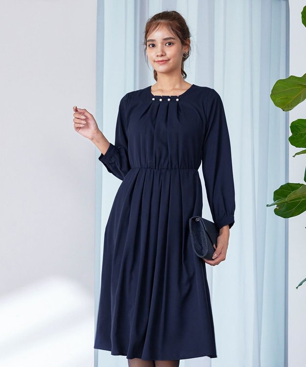 Tiaclasse 【洗える】タックパールワンピース ネイビー