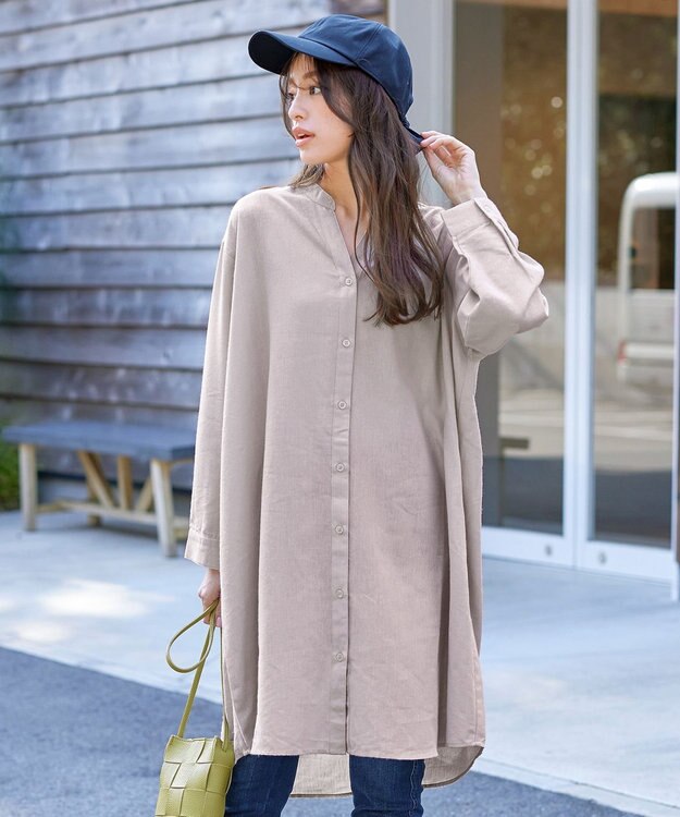 Tiaclasse 【洗える】リネンミックススキッパーシャツワンピース ベージュ