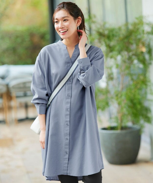 Tiaclasse 【洗える】リネンミックススキッパーシャツワンピース サックス