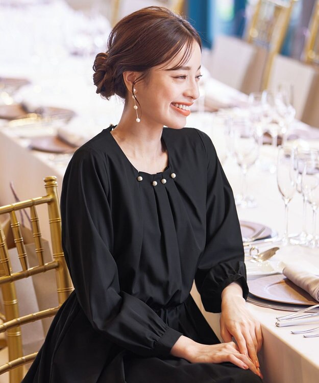 Tiaclasse 【洗える】タックパールワンピース ブラック