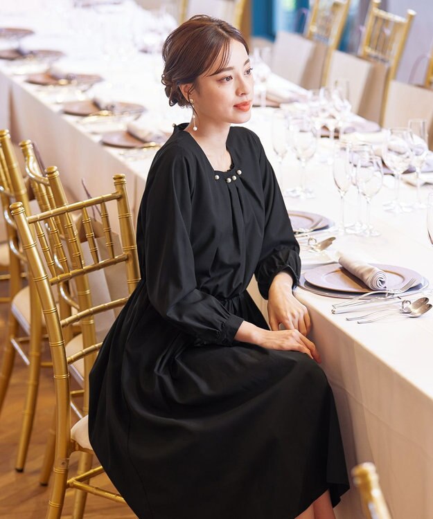 Tiaclasse 【洗える】タックパールワンピース ブラック