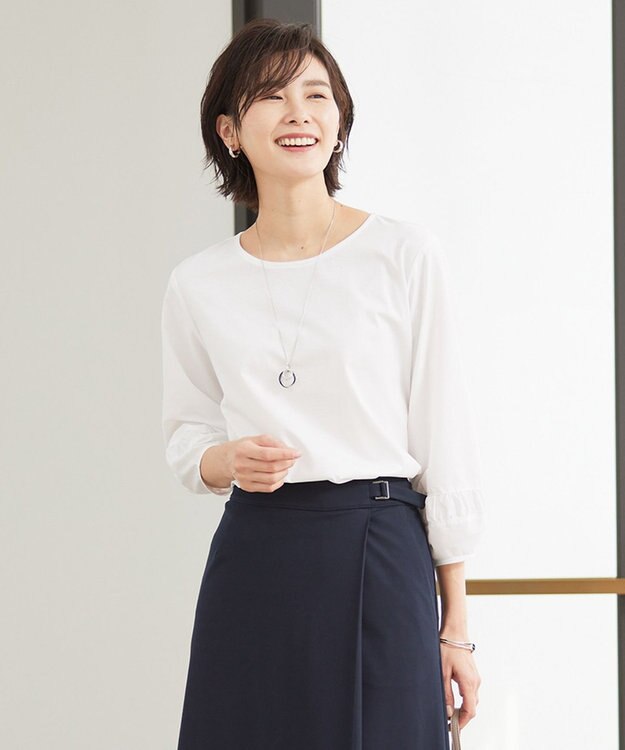 J.PRESS LADIES L コンビジャージー ギャザースリーブ カットソー ホワイト系