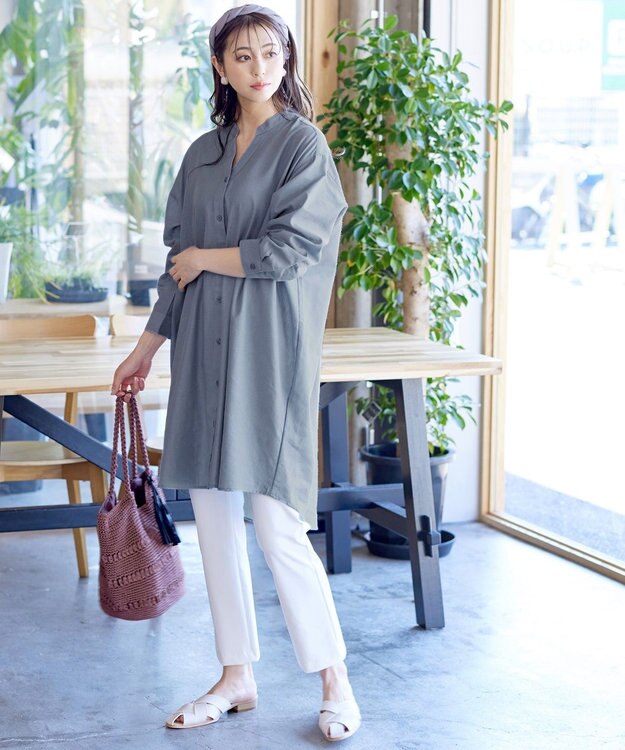 Tiaclasse 【洗える】リネンミックススキッパーシャツワンピース サックス