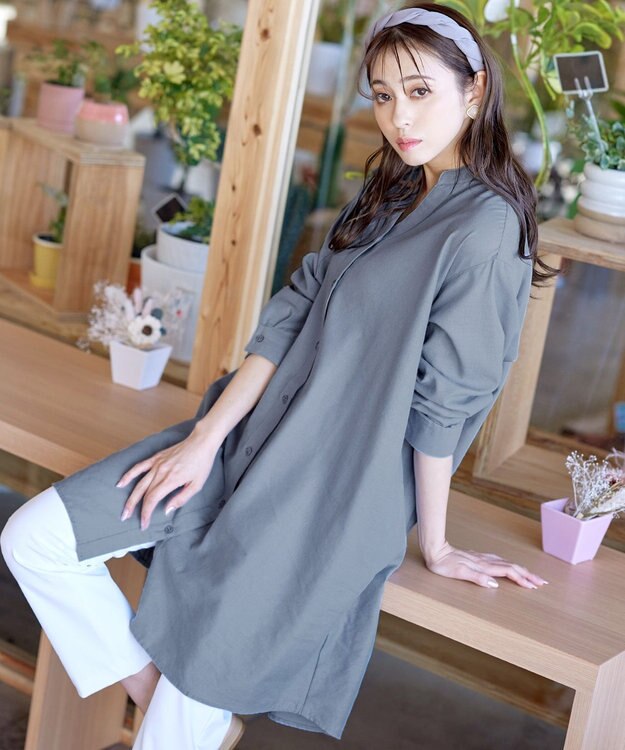 Tiaclasse 【洗える】リネンミックススキッパーシャツワンピース サックス