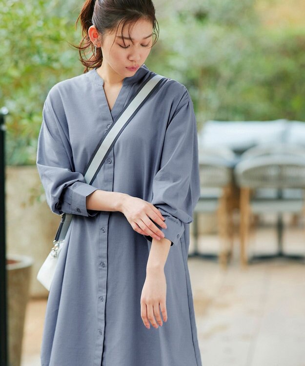 Tiaclasse 【洗える】リネンミックススキッパーシャツワンピース サックス