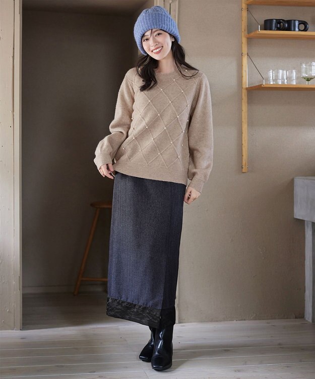 Tiaclasse ダイヤ柄パール付きニットプルオーバー ベージュ