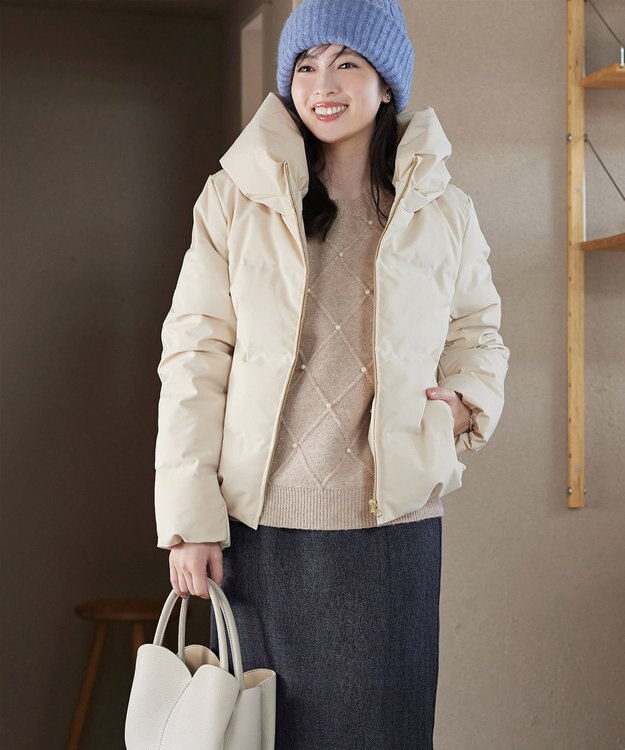 Tiaclasse ダイヤ柄パール付きニットプルオーバー ベージュ