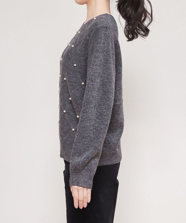 Tiaclasse ダイヤ柄パール付きニットプルオーバー グレー