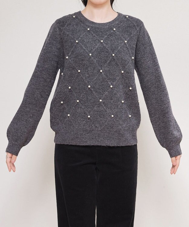 Tiaclasse ダイヤ柄パール付きニットプルオーバー グレー