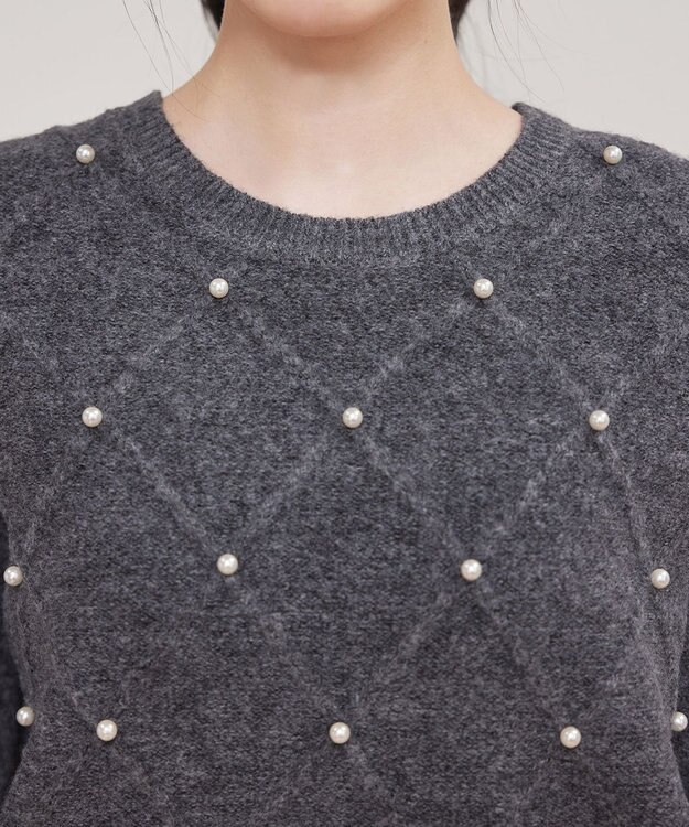 Tiaclasse ダイヤ柄パール付きニットプルオーバー グレー