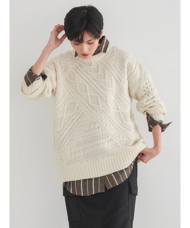 AMERICAN HOLIC パッチワークケーブルニットチュニック Ivory