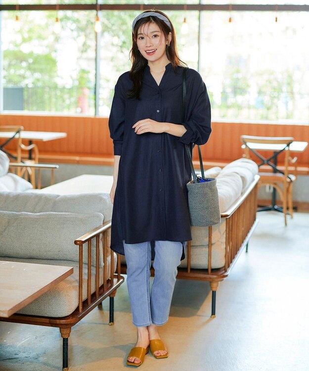 Tiaclasse 【洗える】リネンミックススキッパーシャツワンピース ネイビー