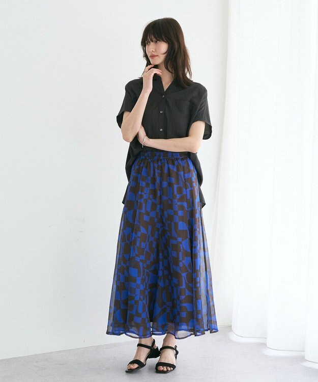 YECCA VECCA アート柄シアーロングスカート Brown