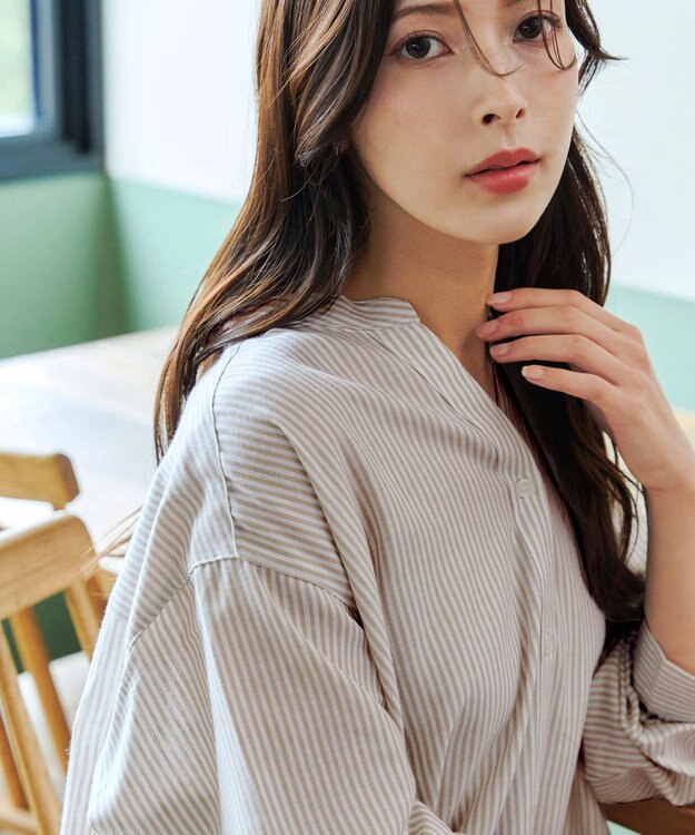 Tiaclasse 【洗える】リネンミックススキッパーシャツワンピース ベージュストライプ