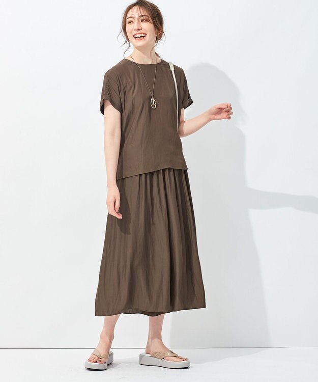 自由区 【セットアップ可/洗える】ブライトサテンライト ギャザーパンツ ダークブラウン系